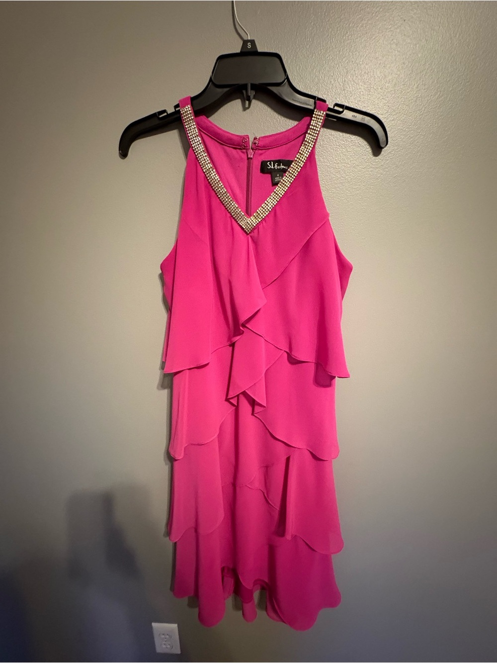SL Fashions Hot Pink Ruffle Mini Dress with Jeweled Halter